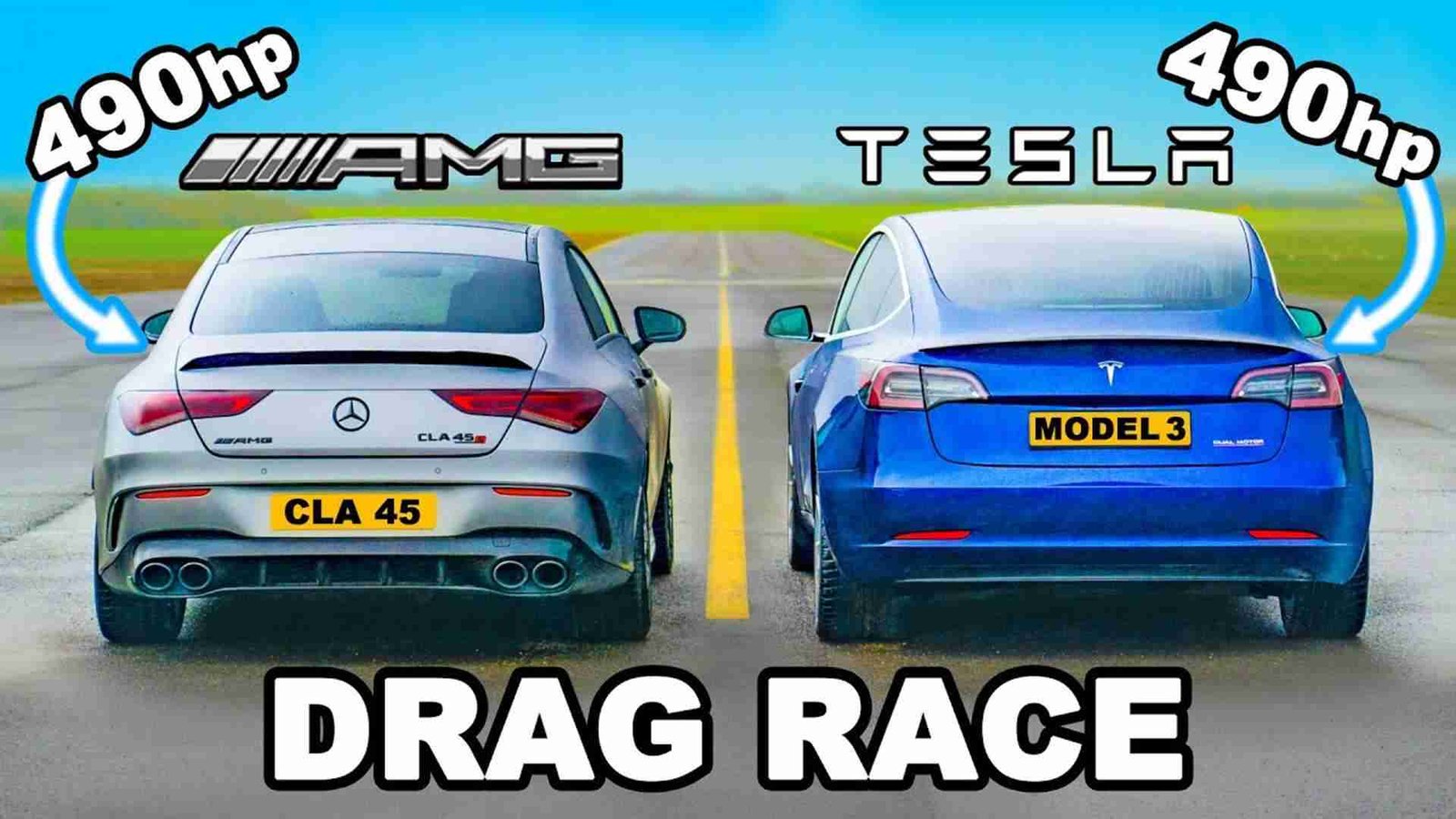 Tesla Model 3 Performance Drag Races 490 HP Mercedes CLA 45 AMG