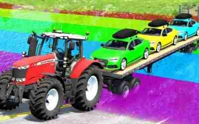 Flatbed Transport Trailer Tractor Speed Bump Car Rescue – Cars vs Rainbow Deep Water – BeamNG.drive