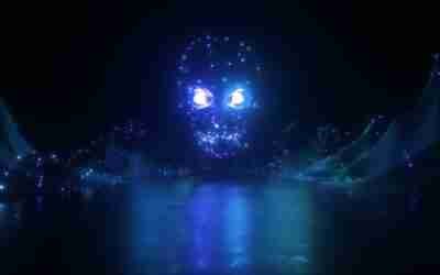 Neon Glowing Scull And Landscape Futuristic Backdrop