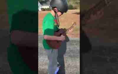 Thunderstruck. 1sr time on Hoverboard and he didn’t drop 1981 ukulele.