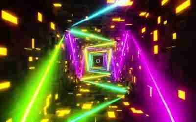 4K VJ Loop. Flying in a tunnel with flashing multicolored fluorescent lights.