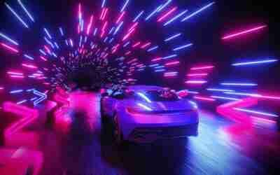 4K VJ Loop. A sports car rushes through a neon tunnel with direction signs