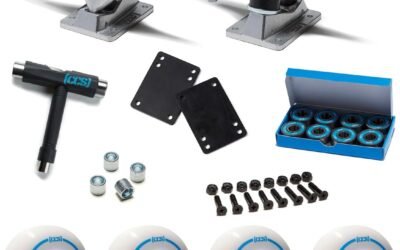 [CCS] Skateboard Assembly Kit | Professional Grade | Set of 2 Trucks | 100A Wheels | ABEC 7 Bearings | 1″ Mounting Hardware | 1/8″ Riser Pads | Bearing Spacers