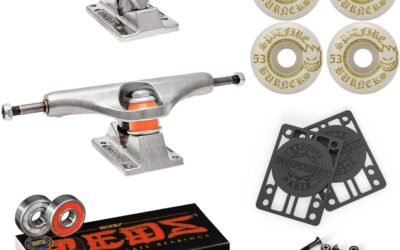 Independent Skateboard Trucks (Choose Size) Package Kit: 53mm Spitfire Burners 99A Wheels, with Bones Reds Bearings, 1″ Mounting Hardware, and 1/8″ Risers